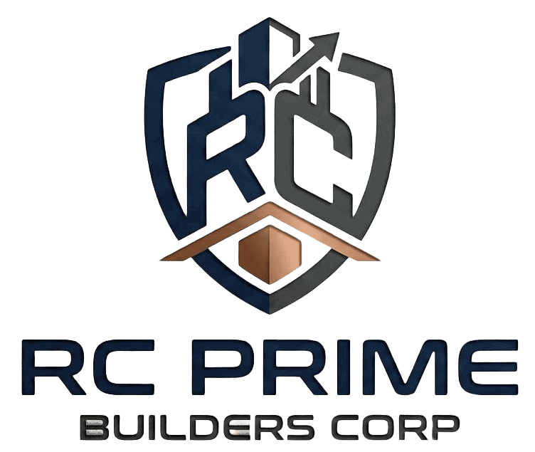 RC Prime Builders logo featuring a shield, house, and upward arrow symbolizing growth and quality co.